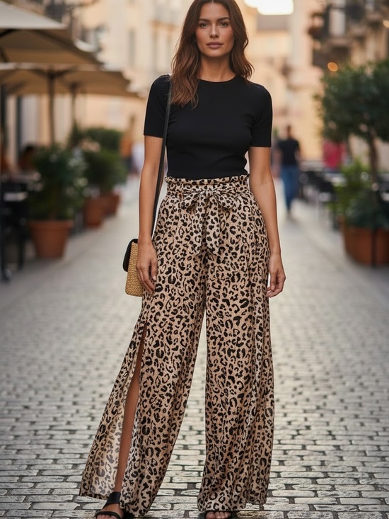 Simplee Apparel Pants - Leopard Print Wide Leg Pants with Tie Waist - Black Top Styling